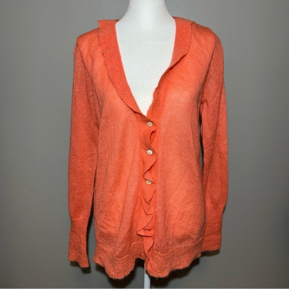J.Crew Womens Mohair Wool Blend Cardigan Coral Ruffle Size Large Work Casual